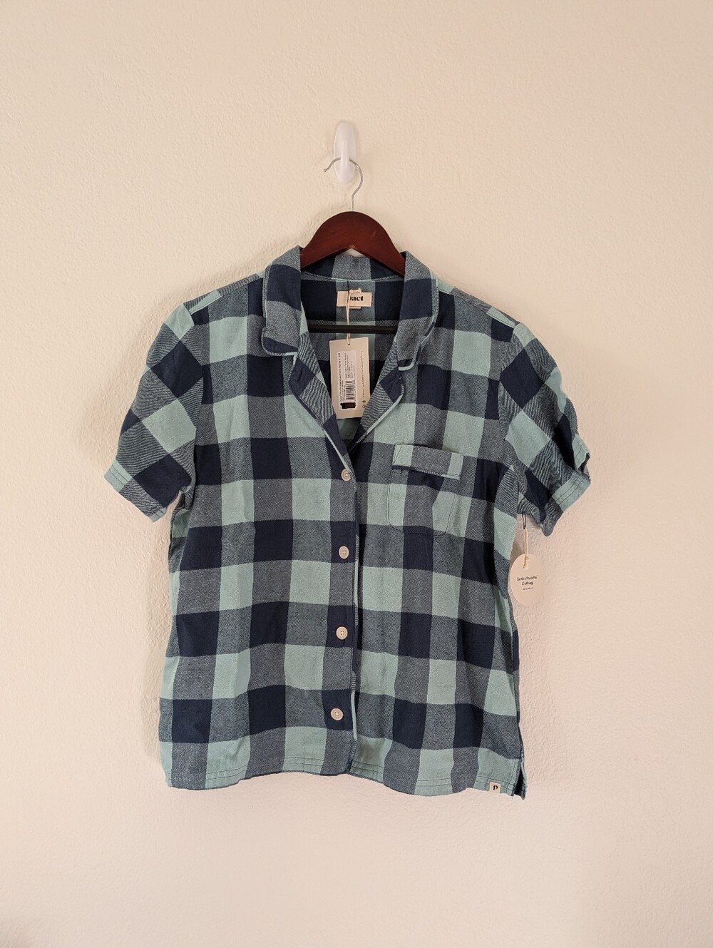 NWT Pact Organic Flannel Cotton Buffalo Check Pajama Top Only Blue Size M